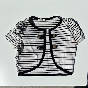 a'gaci Black & White Striped Short Sleeve Crop Top with Gold Buttons